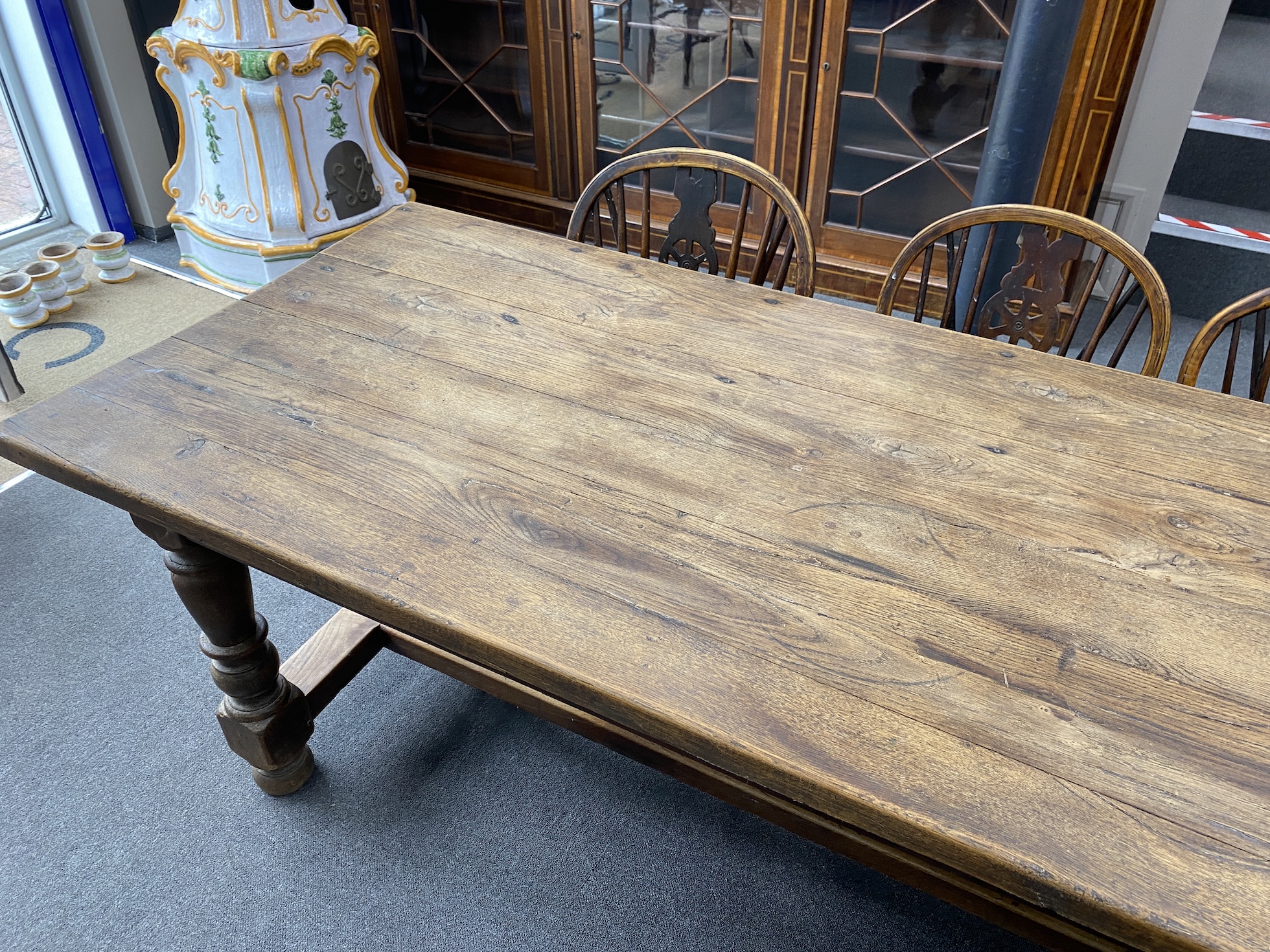 A French oak rectangular farmhouse table, fitted drawer, length 230cm, width 79cm, height 74cm
